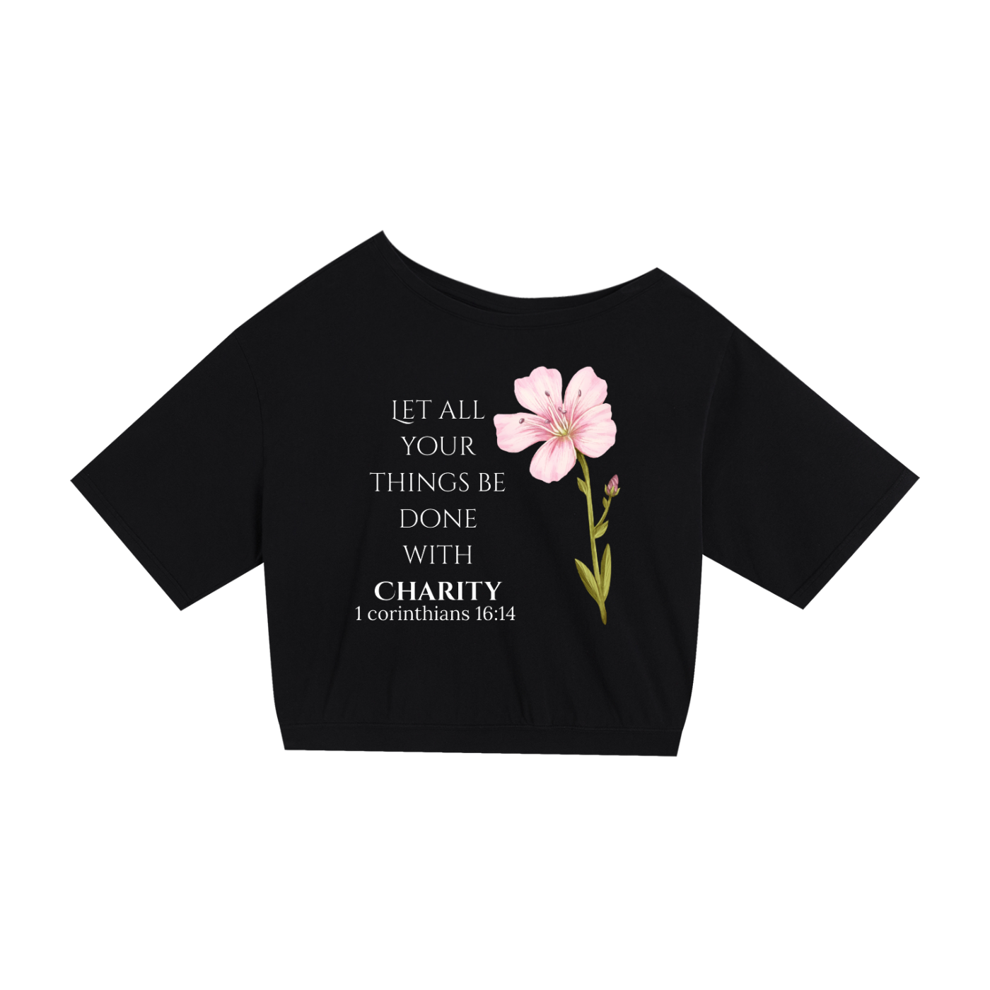 Women's Asymmetric Shoulder Charity T-Shirt (White Letters)